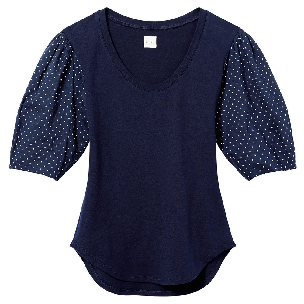 RT La Vie Rib Jersey Top w/ Dot Voile Sleeves